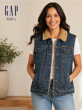 GAP Sherpa Lined Denim Vest Faux Fur Collar Y2K Vintage Large
